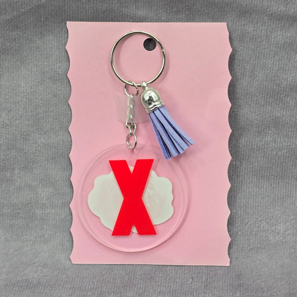 Letter Keychain Clear‎ Silver Circle Handmade Acrylic Tassel Flower X Purple